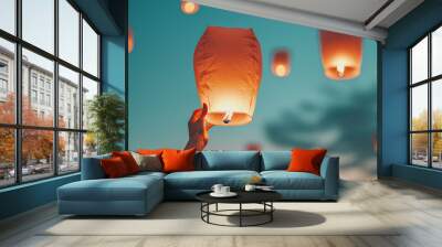 Embracing serenity the enchanting tradition of releasing lanterns into the night sky Wall mural