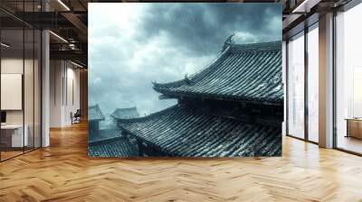 Close-up shot of a Japanese temple roof with curved eaves, dark wood beams, traditional roof tiles with aged patina, set against a cloudy sky, photorealistic Wall mural