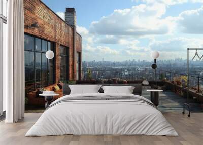 Eagle-eye view of an industrial-style loft building with exposed brick facade, large metal-framed windows, and rooftop terrace with an urban skyline backdrop, photorealistic Wall mural