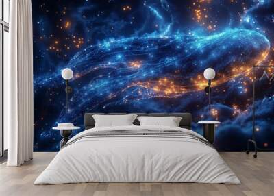 Glowing bioluminescent sea creatures in a deep ocean scene, marine glowtime, mysterious and awe-inspiring, with realistic effects, true details style Wall mural