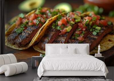 Juicy steak tacos with fresh salsa and avocado, soft tortillas, vibrant and colorful presentation, photorealistic Wall mural