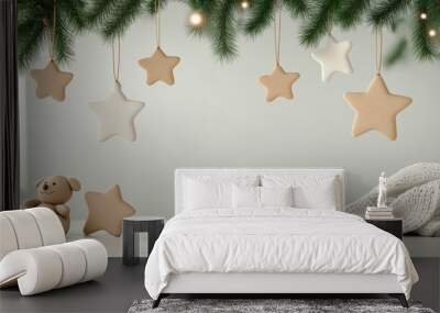 Softly lit nursery with stockings hung beside a rocking chair and Christmas lights, 3D illustration Wall mural