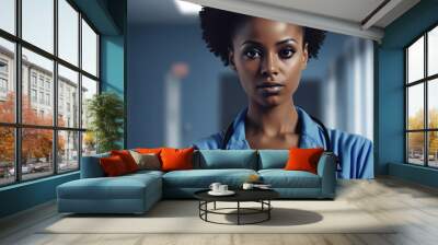 A confident black female doctor in a blue robe stands thoughtfully in a hospital corridor, symbolizing dedication and professionalism. Generative AI Wall mural