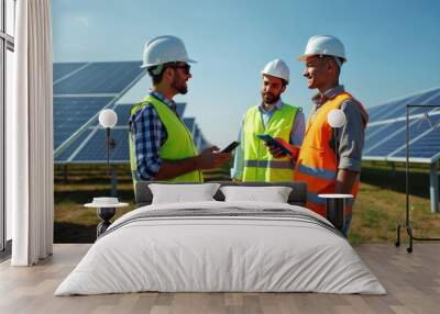 Professionals discuss solar energy solutions at a solar farm in bright sunlight during a team meeting. Generative AI Wall mural