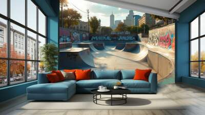 Skaters enjoy the sunlit skate park with vibrant graffiti and city skyline in the background on a clear afternoon. Generative AI Wall mural