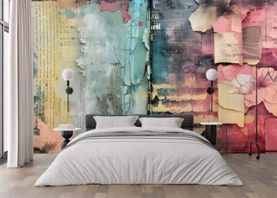 Textured collage with pink and blue, ideal for creative journaling Wall mural