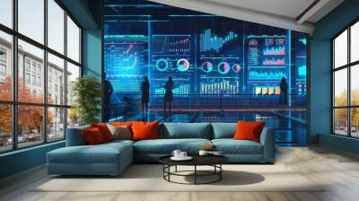 A high-tech business environment with professionals analyzing real-time data on multiple screens, concept of data-driven insights in the information economy and the growing importance of big data Wall mural