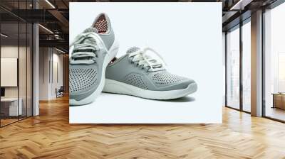 a pair of grey shoes on white background. comfortable shoes with pore. breathable rubber shoes. foot Wall mural