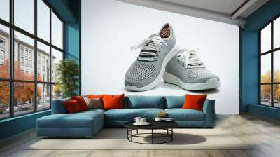 A pair of grey shoes on white background. Comfortable shoes with pore. Breathable rubber shoes. Footwear. Wall mural