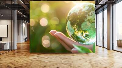 A person is holding a globe made of glass. The globe is green and is surrounded by leaves. Concept of the importance of taking care of the environment and the planet. Wall mural