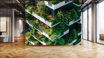 A vertical forest skyscraper, with balconies overflowing with greenery, redefining modern urban living spaces. Sustainable green building. Eco-friendly building. Green architecture. Wall mural