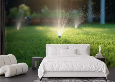 Automatic lawn sprinkler watering green grass. Sprinkler with automatic system. Garden irrigation system watering lawn. Water saving or water conservation from sprinkler system. Generative AI. Wall mural