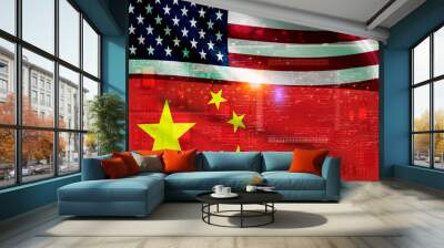 Chip shortage and US-China trade conflict. Global chip shortage crisis and China-United States trade war concept. China flag and US flag on computer chip background. Chip and semiconductor trade war. Wall mural