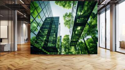 Eco-friendly building in modern city. Sustainable glass office building with trees for reducing carbon dioxide. Office building with green environment. Corporate building reduce CO2. By generative AI. Wall mural