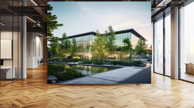 Eco-friendly building in the modern city. Sustainable glass office building with tree for reducing carbon dioxide. Office building with green environment. Corporate building reduce CO2. Generative AI. Wall mural