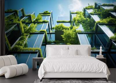 Eco-friendly building in the modern city. Sustainable glass office building with tree for reducing carbon dioxide. Office building with green environment. Corporate building reduce CO2. Wall mural