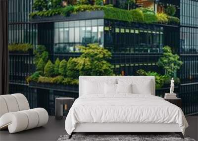 Eco-friendly building. Sustainable office building with garden on balconies for reducing carbon dioxide. Office building with green environment. Corporate building reduce CO2. Net zero building. Wall mural