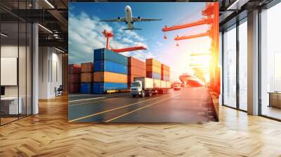 Global business logistic and transportation import export goods. Container cargo freight ship at international port. Cargo plane flying above truck shipping container. Logistic industry. Generative AI Wall mural