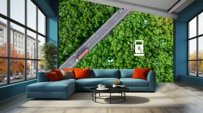 Green hydrogen. Sustainable renewable energy. Hydrogen Fuel cell vehicle. Zero emission car. Future energy. Green technology. Sun and wind energy for green hydrogen power generation. Hydrogen economy. Wall mural