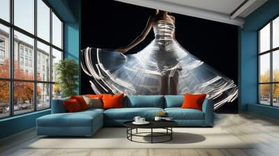 High-fashion dress adorned with ultrathin sheets of lithium metal and integrated flexible batteries. Dress in motion, highlighting the elegance and innovation of smart textiles in fashion industry. Wall mural