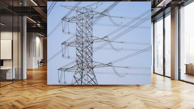 High voltage electric transmission tower. High voltage power lines against the sky. Electricity pylon and electric power transmission lines. High Voltage tower provide power supply. Energy crisis. Wall mural