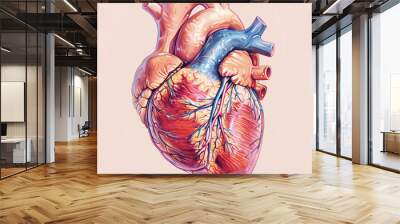 Illustration of a human heart showing chambers and valves with detailed annotations text in a realistic style Wall mural