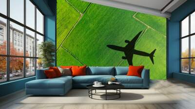 Shadow airplane flying above green field. Sustainable fuel. Biofuel in aviation. Sustainable transportation and eco-friendly flight with biofuel use. Aviation sustainability. Biofuel in air travel. Wall mural