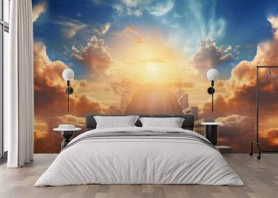 Stairway to heaven in heavenly concept. Religion background. Stairway to paradise in a spiritual concept. Stairway to light in spiritual fantasy. Path to the sky and clouds. God light. Wall mural