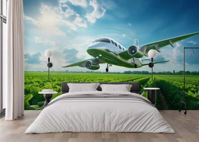 Sustainable aviation fuel concept. Net zero emissions flight. Sustainability transportation. Eco-friendly aviation fuel. Commercial airplane use biofuel energy flying above soybean farm. Generative AI Wall mural