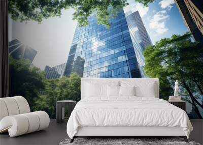 Sustainable green building. Eco-friendly building. Sustainable glass office building with tree for reducing carbon dioxide. Office with green environment. Corporate building reduce CO2. Safety glass. Wall mural