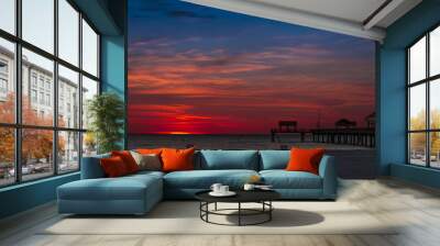 Beautiful bright sunset and colorful sky with clouds. Gulf of Mexico. Florida Clearwater Beach. Fishing Pier 60 Wall mural