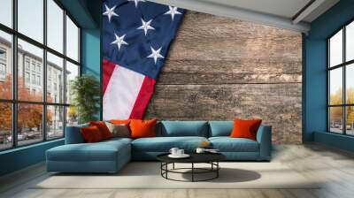 Flag of USA on natural wood table. United States of America. US patriotic symbol. American freedom and Independence. Background with copy space. Macro high resolution photo. Wall mural