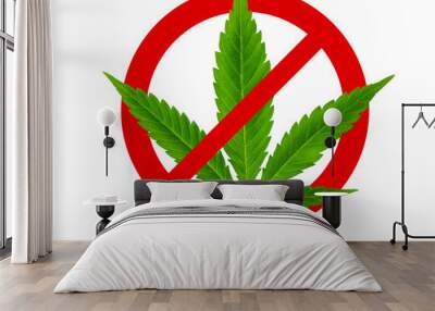 Marijuana or Cannabis green leaf Prohibited or forbidden sign. Hemp plant growing. Medical marijuana sativa or indica. Organic cannabis. Illegal drugs. United States Decriminalize weed or ganja. Wall mural