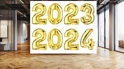 New Year 2023 - 2024 celebration. Helium balloon. Golden Yellow foil color. Numbers Two 2, Three 3, Zero 0, 4 Four. Good for Party, greeting card, Advertising, Anniversary. Isolated white background. Wall mural