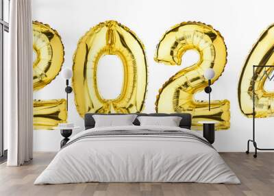 New Year 2024 celebration. Helium balloon. Golden Yellow foil color. Numbers Two 2, four 4, Zero 0. Good for Party, greeting card, Advertising, Anniversary. Isolated white background. High resolution Wall mural