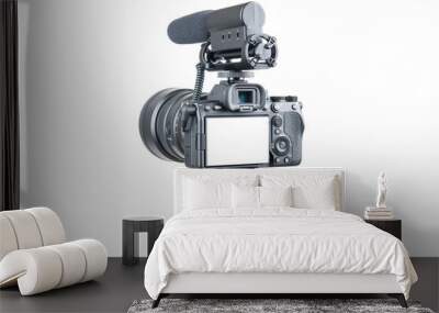 photo, video camera with microphone. digital or dslr camera on tripod. photographer or videographer  Wall mural