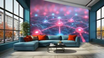 Glowing Spheres Connected by Thin Red Lines on a Rough Blue Surface Wall mural