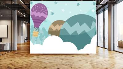 Kids room wallpaper with graphic illustration winter forest, hill, and air balloon. Can use for print on the wall, pillows, decoration kids interior, baby wear, shirts, and greeting card Wall mural