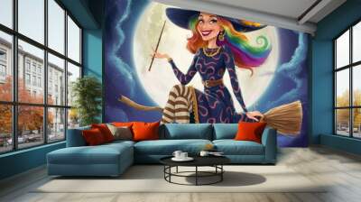 funny halloween gothic illustration witch with colored hair sits on a broomstick Wall mural