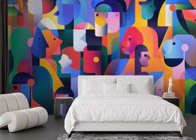 A crowd of diverse people in an abstract vector illustration with geometric shapes and soft gradients Wall mural