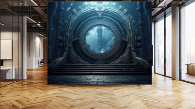 Enigmatic doorway between two eras: gears and holograms | generative ai Wall mural