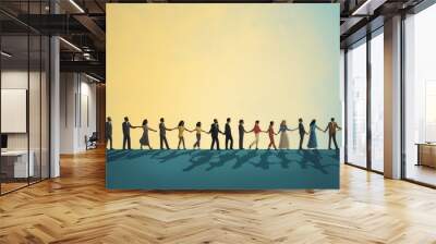 Simple illustration of people forming a human chain, representing teamwork and unity | generative ai Wall mural