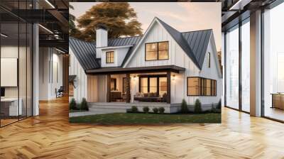 A modern farmhouse with a metal roof, board-and-batten siding, and a welcoming front porch, combining contemporary style with rural charm. Wall mural