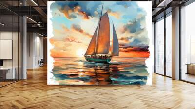 Watercolor Framed Sunset Sailboat Illustration, Generative Ai Wall mural