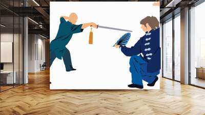 Illustration of male and female kung fu masters in pose. Wall mural