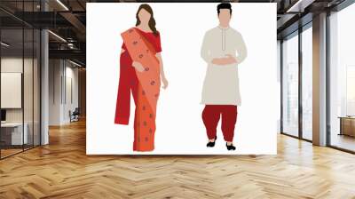 Indian man and woman in traditional kurta pajama and saree, illustration of Indian man and woman Wall mural