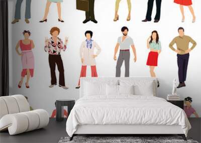 Set of people from 80s. Man and woman dance disco in retro-styled fashion outfits of 1980s. Stylish characters in party clothes of eighties. Flat vector illustration isolated on white background  Wall mural