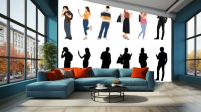 silhouettes of people working group of standing using phone, business people vector eps Wall mural