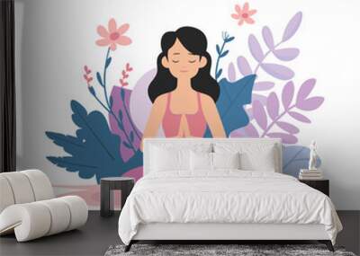 A woman meditates in a pastel background with flowers and leaves. Conceptual illustration for yoga, meditation, relaxation, rest, healthy lifestyle. Vector cartoon flat illustration Wall mural