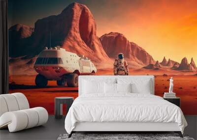 Astronaut on mars the red planet. Landscape with desert and mountains and a futuristic truck. generative ai Wall mural